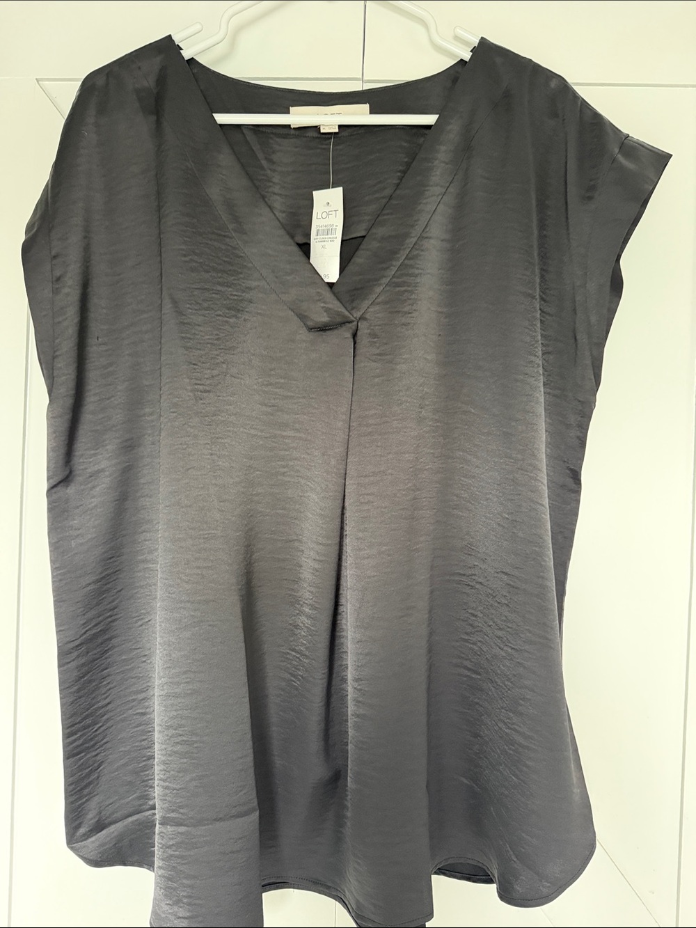 LOFT Satin V-Neck Blouse in Charcoal Gray